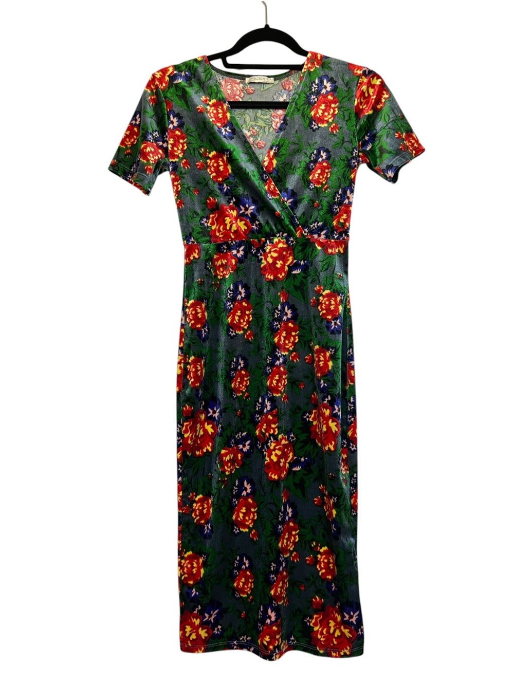 Zara Trafaluc Size Small Velour Floral Faux Wrap Midi Dress in Green